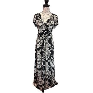 Emerald Black White Damask Scroll Faux Wrap Maxi Dress ETD-508 Medium